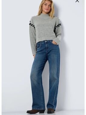 Noisy May Blue Wide-Leg Jeans with Side Studs